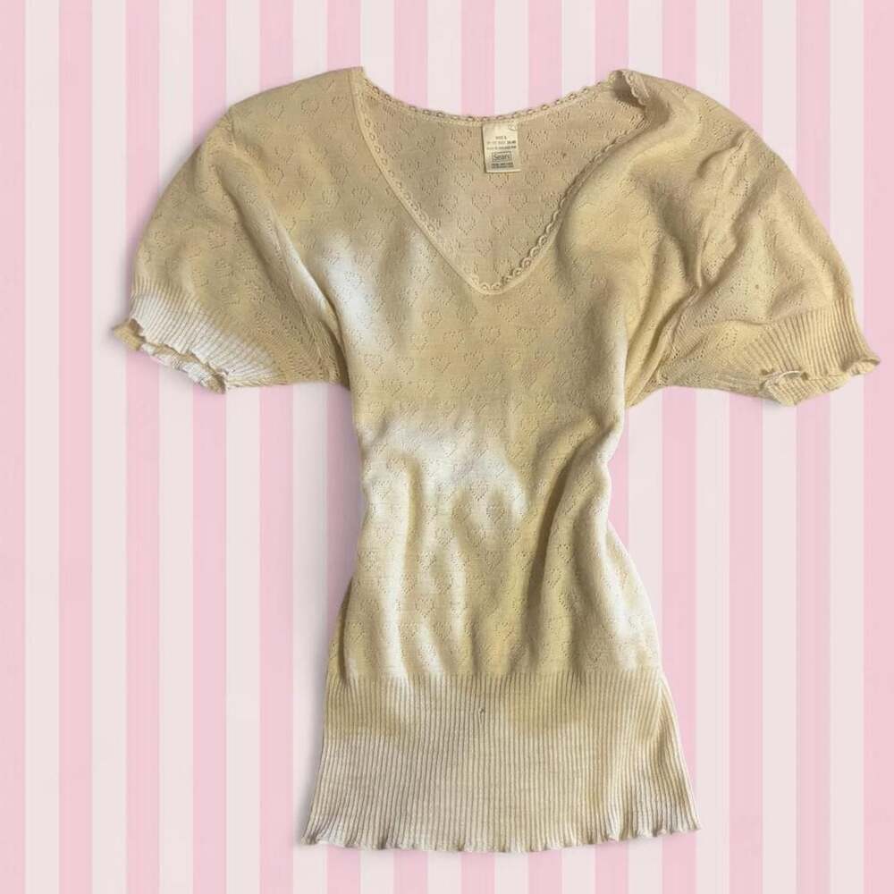 Vintage Sears Cream Pointelle Heart Knit Top Lace Trim